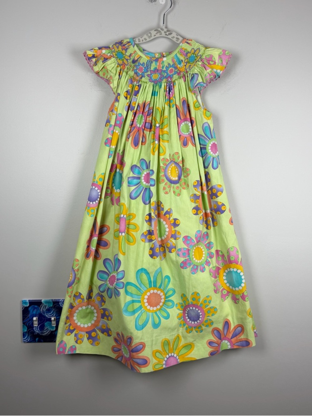 Amanda Remembered Smocked Green Cotton Dress Hippie Rainbow Floral Girls Size 6